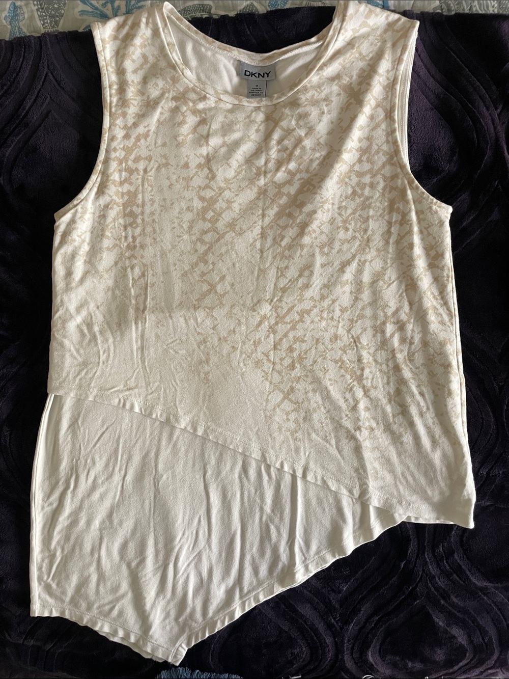 DKNY Cream Asymmetric Layered Tank Top with Subtle Print